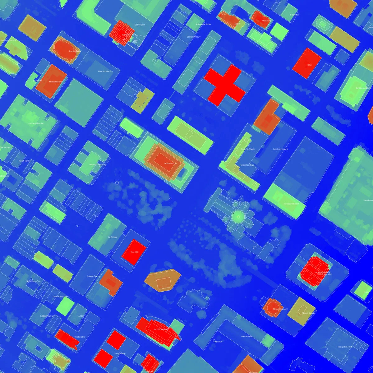A false-colour view of downtown Montréal showing reference geometry aligned over the building footprints