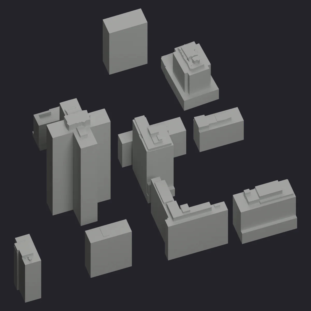 The Refined version of the same eleven buildings, with their rooftop volumes, setbacks and steps modelled