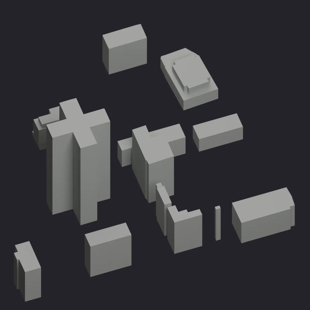 The Standard version of eleven downtown Montréal buildings, plain blocks with flat tops
